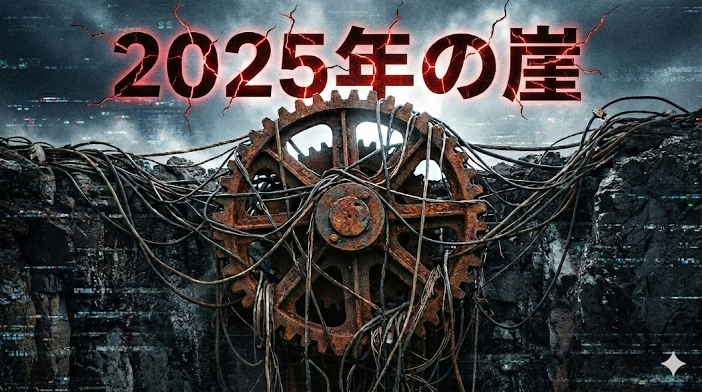 2025年の崖と老朽化したレガシーシステムのイメージイラスト