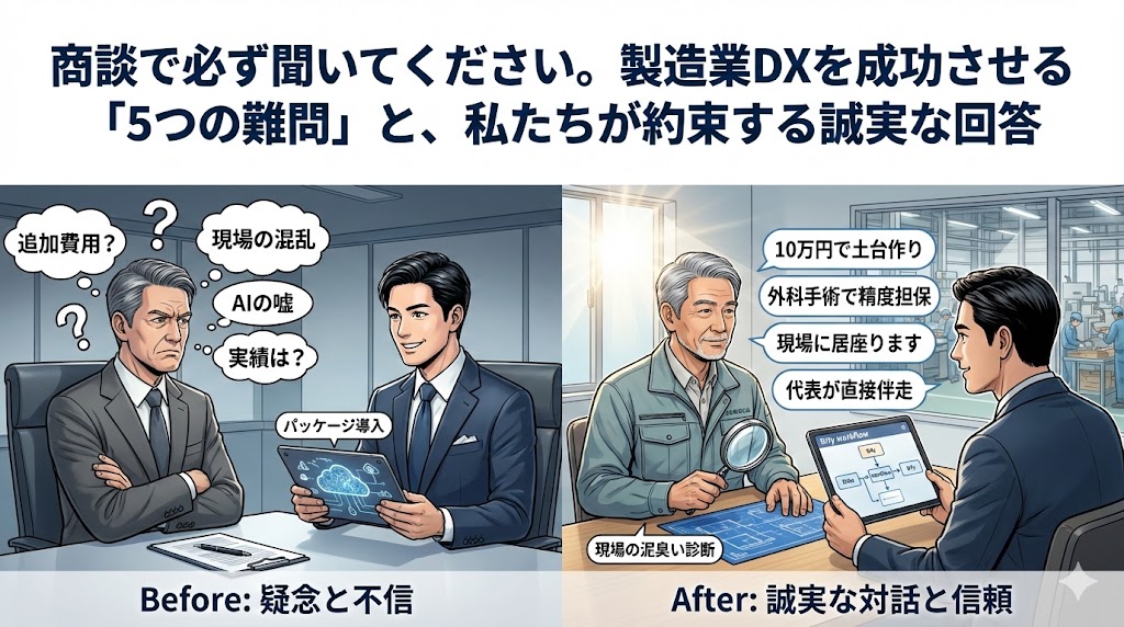 製造業DXを成功させる「5つの難問」と、私たちが約束する誠実な回答